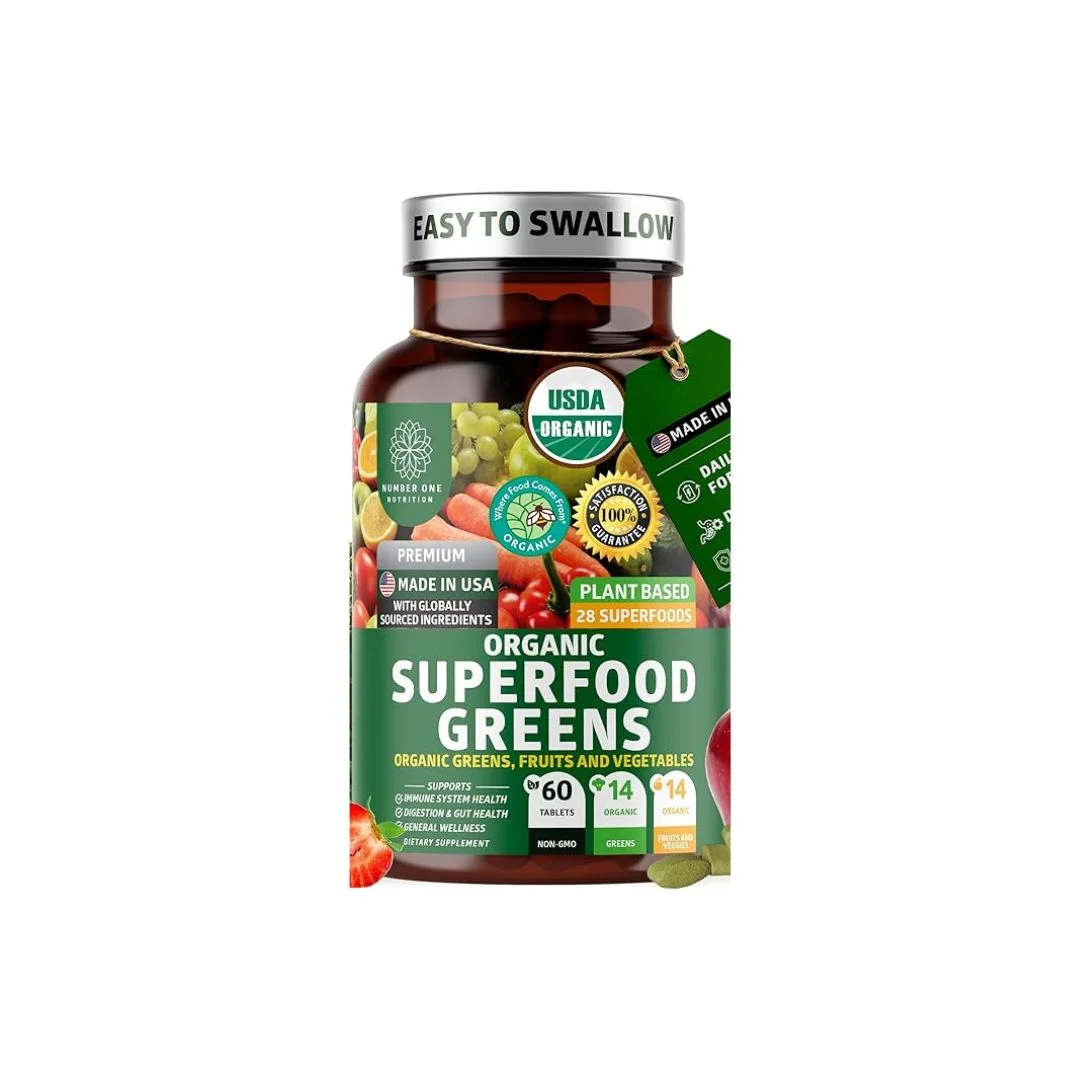 USDA Organic Super Greens Supplement with 28 Superfoods, 60 Tablets